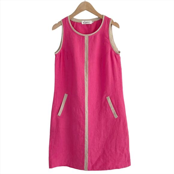 iLinen Bright Pink Sleeveless Linen Shift Dress With Gold Trim Size XS - Picture 3 of 8